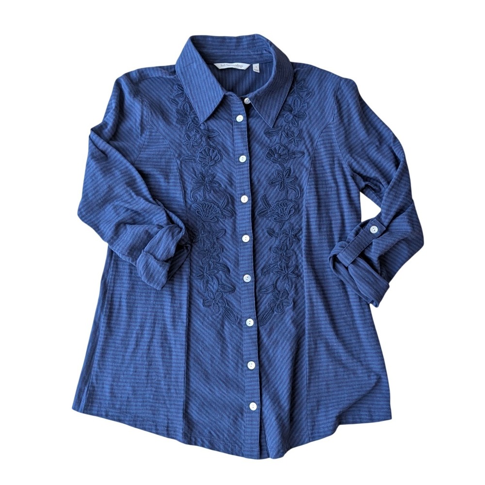 Soft Surroundings Blue Floral Embroidered Cotton Knit Button Down Shirt Small